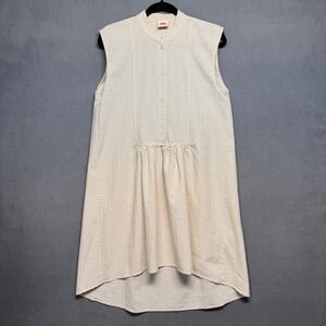 Sundek Dress Gingham Seersucker Sleeveless High Low Shift Tunic Tan Small Beachy